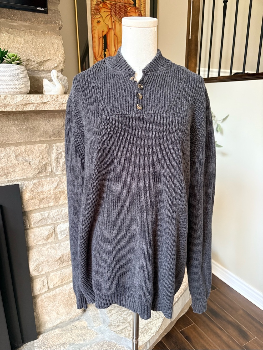 Eddie Bauer Men's Tall Large Cotton Ribbed Henley Sweater Gray
